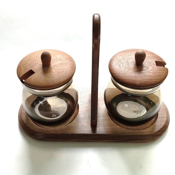 VTG MCM Betula Wood Teak Condiment Set Smoky Glass 2 Jam Jars with Tray England - Picture 1 of 8